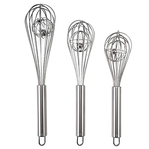 Amytalk 3 Pack 9, 10, 12 inch Balloon Whisk Double Balloon Wire Whisk Blending Whisking Beating Stirring Egg Beater Stainless Steel(with inside Ball)