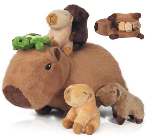 5 in 1 Capybara Plush Large Capybara Stuffed Animal with 4 Cute Babies Inside, 14.2" Mommy Stuffed Capybara Plushies Pillow Toys with Zippered Pouch for Kids Boys Girls Birthday Christmas Party Gifts