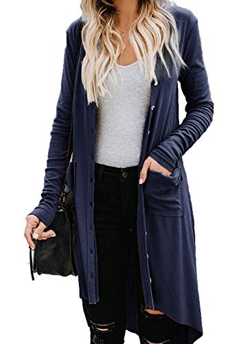 Naggoo Women's Long Cardigans Button Down High Low Solid Knit Loose Cardigans with Pockets Navy Blue