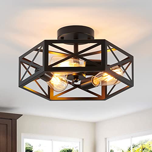 XSDeTu Black Flush Mount Ceiling Light, Modern Farmhouse Light Fixtures with Metal Hexagon Cage，Industrial Close to Ceiling Lamp for Kitchen Hallway Bathroom Closet,3 Light