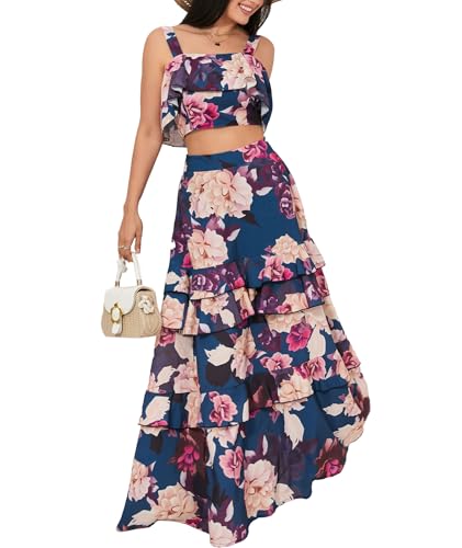 SOMTHRON Women's Summer 2 Piece Outfits Floral Print Strap Crop Tops Tiered Ruffle Skirt Sets Maxi Long Dress FR-L