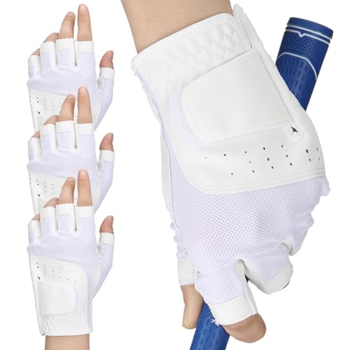 Chicingyou 3 Pcs Half Finger Golf Gloves for Left Handed Women's Golf Gloves Left Hand Open Finger Design with Adjustable Strap Breathable Sweat Absorbing for Hot Wet Weather, Large, Size 21