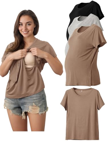 Rnxrbb Women Short Sleeve Nursing Tops for Breastfeeding T Shirts Summer Maternity Nursing Shirt Clothes 3 Pack Double Layer,Black&Light Gray&Brown M