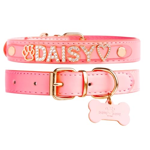 Paws Paws Miami Custom Dog Collar for Large Dogs, Personalized with Name in Gold-Plated Cubic Zirconia Initials and Charm Jewels Leather Collars, Pink