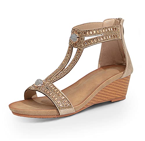 FRALOSHA Wedge Sandals for Women Open Toe Casual Summer Roman High Heel Breathable Beach Sandals Gold 8.5