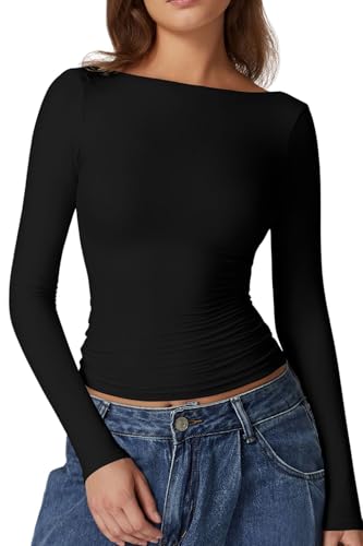 QINSEN Long Sleeve Open Back Tops Double Lined Slim Fit Going Out Tops Boat Neck T Shirts for Women Black M