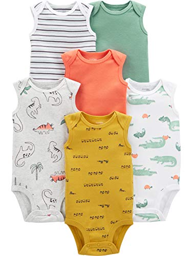 Simple Joys by Carter's Baby Boys' 6-Pack Sleeveless Bodysuits, Alligator/Dinosaur/Stripe/Trucks, 12 Months