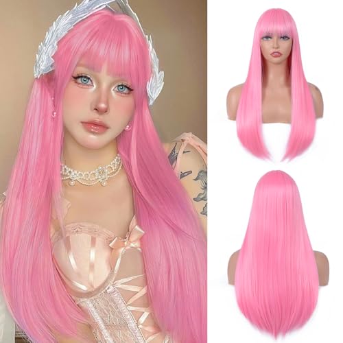T-color Pink Wig with Bangs for Women – Long Straight Heat Resistant Synthetic Wig for Daily Use, Party, Halloween, Cosplay – 24 Inch Pink Wigs for Girls