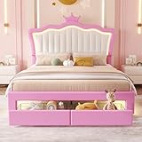 Crown Full Size Princess Bed with Storage Drawers for Girls,Cute Full Size Bed Frame for Kids,Full Upholstered Bed Frame with LED Lights,Girls Bed Full Size,Pink