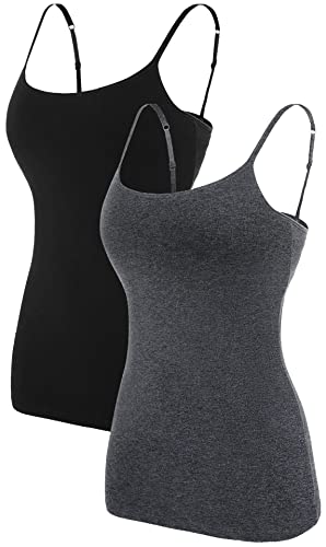 ATTRACO Slim fit Camis for Womens Shelf Bra Tank Shirt Two Packs Grey Black Large