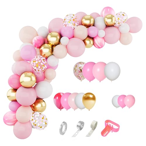 Amandir 144Pcs Pink Balloons Garland Arch Kit Light Pink Gold White Confetti Latex Metallic Balloons for Girl Birthday Baby Shower Wedding Graduation Mothers Day Party Decorations Supplies