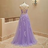 Tulle Lace Appliques Prom Dresses Long Ball Gown for Women Spaghetti Straps Corset Backless Evening Dress-Size 10, Sky Blue