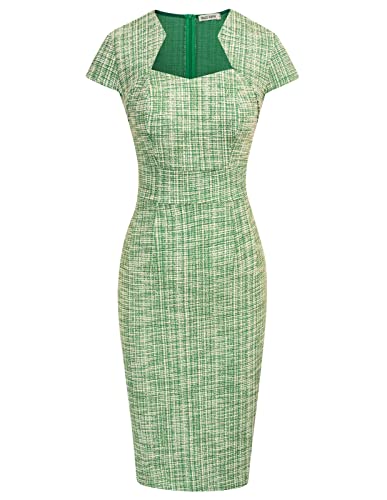 GRACE KARIN Womens Business Casual Dress Elegant Cap Sleeve Work Pencil Dress for Office Green (Plaid)