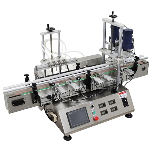 Banfluxion Magnetic Pump Filling and Capping Machine 110V Bottle Cap Sealer Automatic Liquid Filler and Bottle Cap Sealer Integrated Machine with Four Nozzles, 57.87inch Length Conveyor Belt