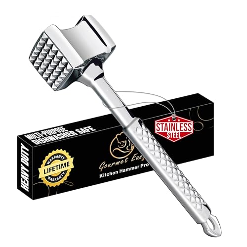 Stainless Steel Meat Tenderizer Tool, Premium Meat Mallet with Non-Slip Grip, Dual-sided Kitchen Mallet Ideal for Tenderizing Steak, Poultry & Chicken Cutlet, Dishwasher Safe with Lifetime Replacement