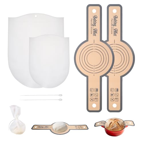 Silicone Bread Sling for Dutch Oven with Dough Kneading Bag, 2 PCS Non-Stick & Easy Clean Round Reusable Silicone Baking Mat with 2 Size Kneading Bags, 500 Degrees Heat Resistant Sourdough Bread Sling