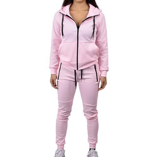 Riflessi Women's Athletic Sports Casual 2 Piece Solid Color Tracksuit Hoodie Jogger Pants Sweatsuit Set (Pale Pink, XL)