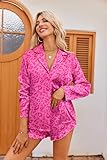 Ekouaer Womens Satin Pajama Sets Long Sleeve Top and Shorts Lounge Set Button Down Sleepwear Leopard Hot Pink M