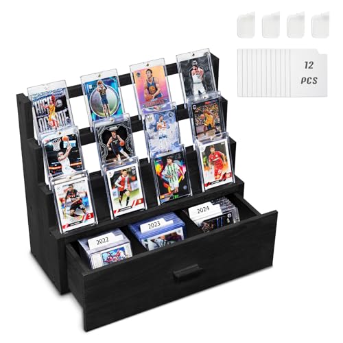 Emfogo Trading Card Display, 3-Tier Trading Card Storage with Custom Drawer, Wood Graded Card Display with Card Supporters and Dividers, Sports Card Display Case for Card Game Collection (Black)