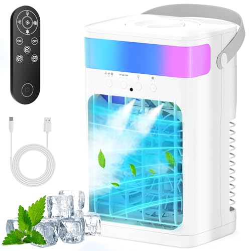 Fioge Portable Air Conditioner,Cooling Fan with 3 Speeds & 3 Modes,1500ML Mini Air Conditioner with Remote, 4 in 1 Humidifier, Air Conditioner,Fan,Night Light,Evaporative Air Cooler for Home/Office