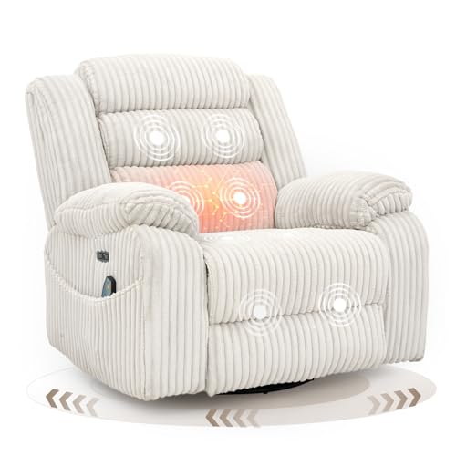 SINCRUMI Power Swivel Rocker Recliner Chair for Adults with Massage and Heat, USB and Type-C Charging Port, Infinite Position, Electric Glider Rocking Chairs for Living Room, Nursery, White