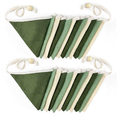 2 Sets of Sage Green Pennant Banner 24Pcs Nursery Garland Flags Olive Green Fabric Linen Triangle Streamers for Baby Room Decor Kids Jungle Safari Summer Birthday Baby Shower Boho Party Decorations