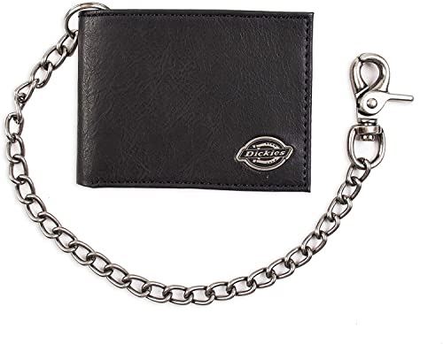 Dickies Men’s Bifold Genuine Leather Thin Card Wallet with ID Window and Keychain