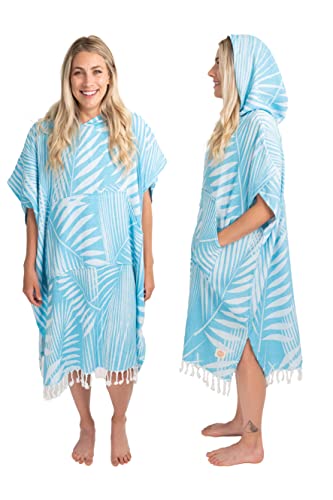 Nova Blue Surf Poncho – Tropical Blue Palm Leaves Towel Poncho – Large Changing Towel (33 x 37) – 100% Turkish Cotton Hooded Towel Adult for Surf Beach Pool and Swim