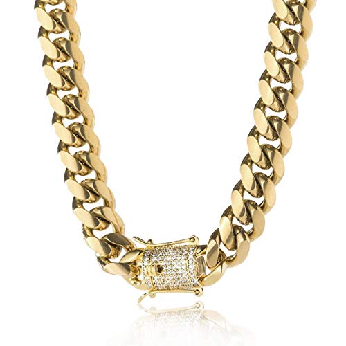 TRIPOD JEWELRY 14K Gold Plated Miami Cuban Link Chain Bracelet with Diamond Clasp 8mm,10mm,12mm,14mm Stainless Steel Iced Out Cuban Link Chain Necklace Gold Bracelet for Men (14K Gold - 10mm, 20.00)