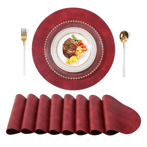 Univo Colors PU Leather Placemats Set of 8,15 Inches Round Washed Cowhide Pattern Table Mats for Dining Table, Kitchen, Party Decoration(Retro Red)