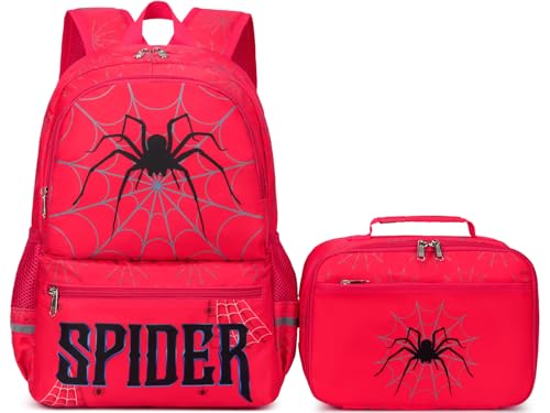 DSIUE School Backpack for Boys, Spider Boys Backpack for Kids Children Teens Elementary School With Lunch Box Red