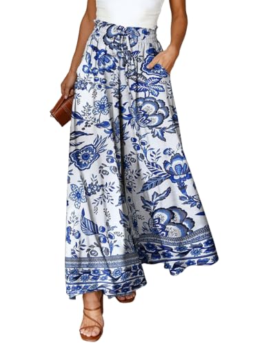 Dokotoo Womens Fashion Fall 2025 High Waist Drawstring Wide Leg Long Pants with Pockets Blue and White Porcelain Print Oversize Soft Lounge Yoga Trousers for Women Office Beach Pants Blue XL