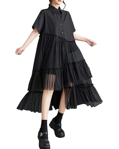 ellazhu Women's Shirt Dress Patchwork Short Sleeve Lapel Button Down Irregular Hem Tulle Solid Summer GZ225 Black