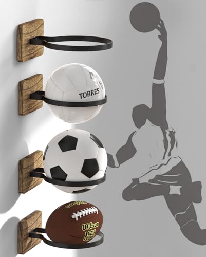 4 Pcs Wall Mount Basketball Holder with Wooden Base, Ball Storage Holders Display Rack for Autograph Basketball, Football, Soccer, Volleyball Collection, Sports Accessories Organizer for Player Fans