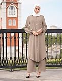 IDOPIP Abaya Dress for Women Muslim Set Long Sleeve Chiffon Islamic Prayer Dress Button Down Shirt with Pants 2PCS Middle East Dubai Outfits Plus Size Modest Arabic Casual Ramadan Clothes Khaki L