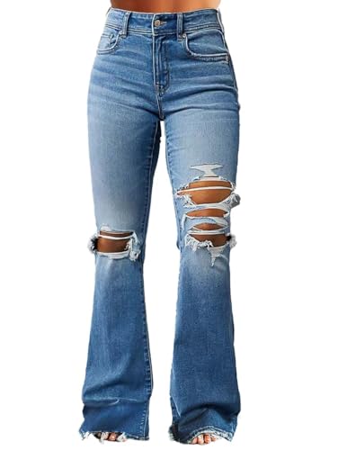 Flamingals Women's Bootcut Jeans Ripped Mid Rise Stretchy Tummy Control Cut Out Raw Hem Denim Jeans Mid Blue S