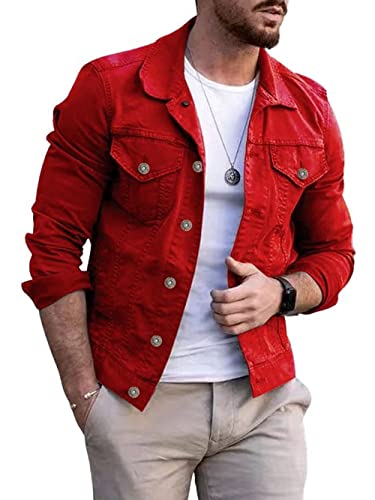 CHARTOU Men's Denim Jacket Casual Regular Fit Button Down Long Sleeve Jean Trucker Jacket (Large, Red)