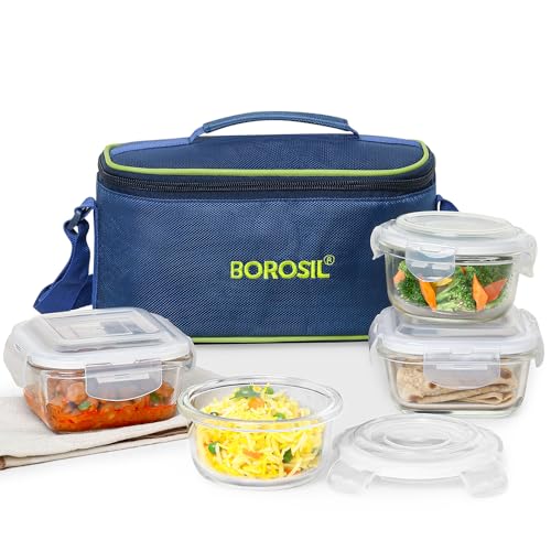 Borosil Glass Universal Lunch Box Set of 4, (2pcs 320 ml sqr + 2pcs 240 ml Rnd) Microwave Safe Office Tiffin