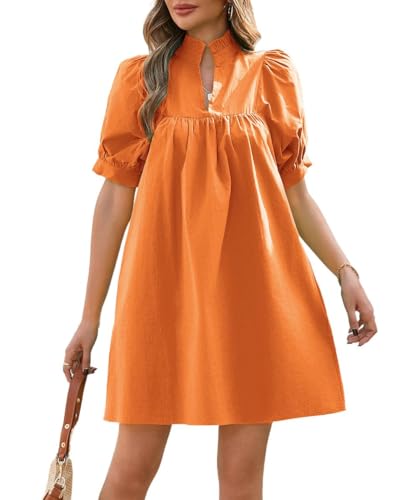 YEXPINE Women's Ruffle Collar High Neck Mini Dress Puff Short Sleeve Cotton Babydoll Peplum Dresses with Pockets Orange