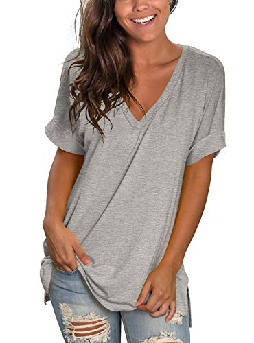 liher Womens Casual V Neck Short Sleeve Boyfriend T-shirt Basic Summer Shirts S Gray