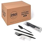 Supellectilem 250 Plastic Cutlery Packets-Knife Fork Spoon Napkin Salt Pepper Sets|Black Silverware Sets Individually Wrapped Kits, Utensil Set Disposable Bulk To Go, 250-BCP-KFSSP