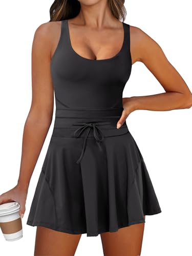 Caracilia Women's Tennis Mini Dresses Workout Built in Shorts Golf Athletic Sleeveless One Piece Summer Active Romper Dress Black Medium