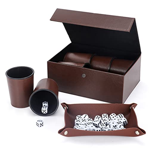 Party Games Leather Dice Cup Set, 6 Black Leather Dice Cups +30 Dice + Exclusive Storage and Transport Case Made of Faux Leather