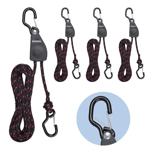 4PCS Kayak Rope Tie Down Ratchet Straps 1/4" ×12' Bow and Stern Tie Down Kayak with Safety S Hook Heavy Duty Ratchet Rope Kayak and Canoe Accessories Black