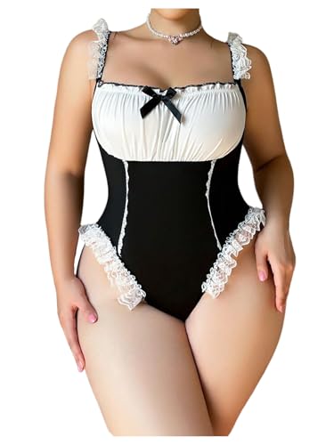 RoseSeek Women's Plus Size Lace Color Block Teddy Maid Lingerie Cut Out Bowknot Frill Bodysuit Nightwear Black and White 4X-Large Plus