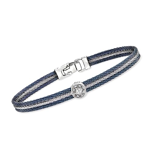 Ross-Simons Alor Blue and Gray Stainless Steel Cable Bracelet With Diamond Station in 18kt White Gold. 7.5 inches