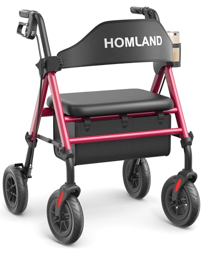 HOMLAND Walkers for Seniors with Seat, Foldable Rollator Walker, Reinforced Aluminum Frame, 8" Big Rubber Wheels for All Terrain, Height Adjustable Lightweight Rolling Walker