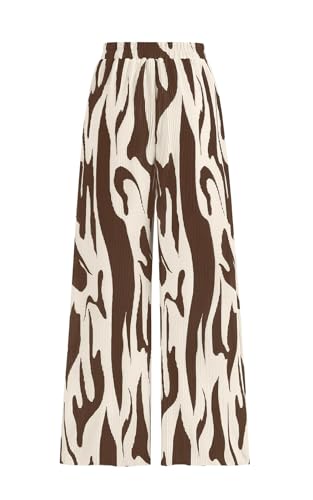 PRETTYGARDEN High Waist Palazzo Flowy Pants for Women Dressy Petite Graphic Print Wide Leg Causal Pants Summer Beach (Coffee on Beige, XX-Large)