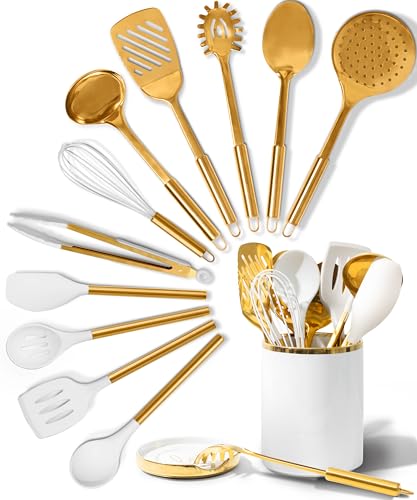 STYLED SETTINGS White and Gold Cooking Utensils Set – 13-Piece Set Includes Gold Kitchen Utensils, Ceramic Utensil Holder and Built-In Spoon Rest – Luxury Kitchen Accessories