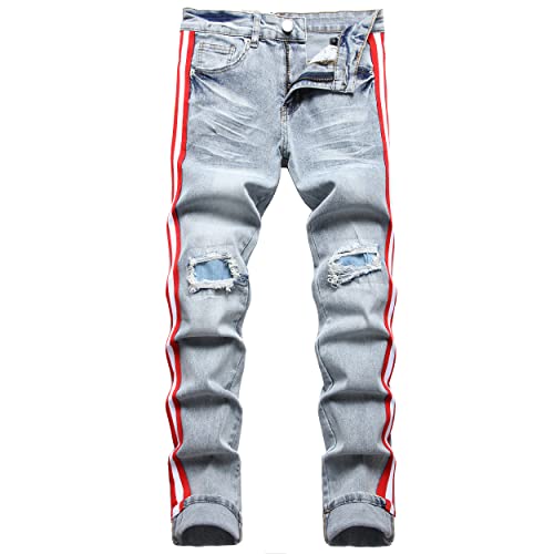 ABSECAI Men's Ripped Jeans Slim Fit Skinny Stretch Jeans Pant (32, Blue3(Red Stripe))